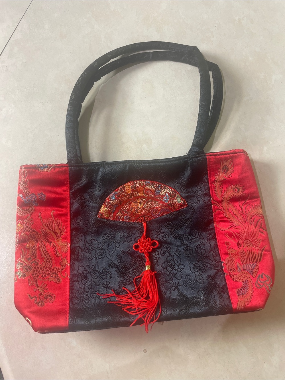 Elegant Red and Black Embroidered Satin Clutch Bag Purse